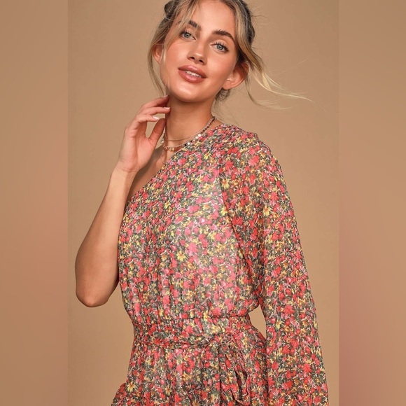 LULU’S Anew Romance Pink Floral Print One Shoulder Ruffled Mini Dress - Picture 3 of 8